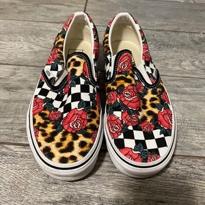 Unique Leopard Roses Check Slip-on Vans WMNS 8.5